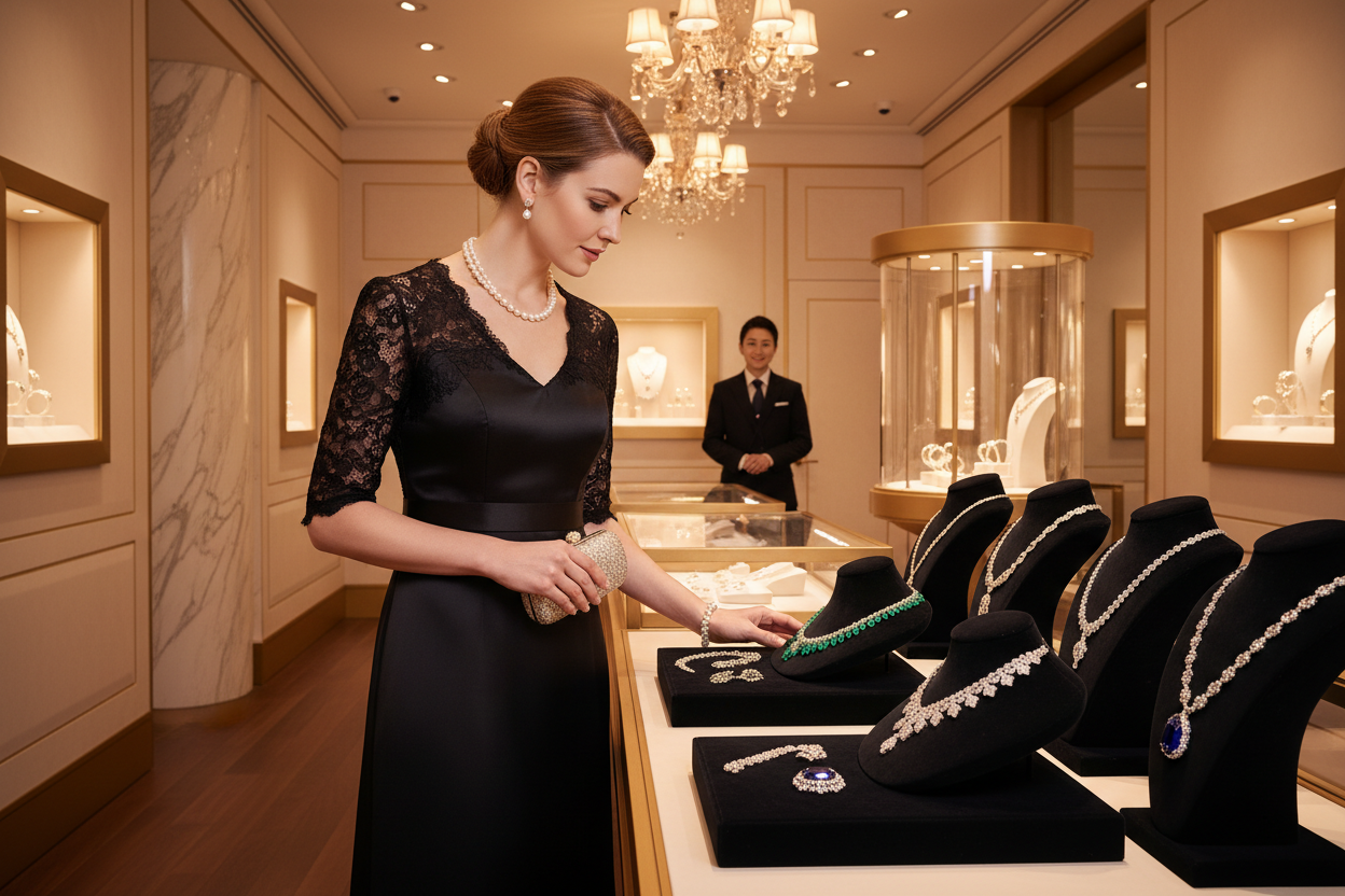 crea una mujer comprando de joyas de calidad y lujo